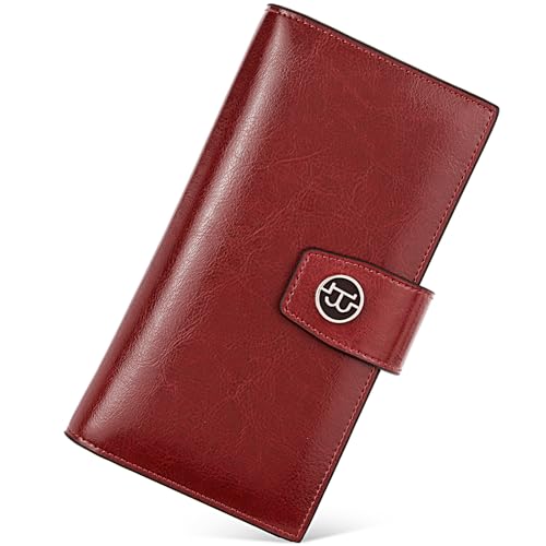 BOSTANTEN Womens Wallet Genuine Leather Wallets Large Capacity Cash Cluth Purse with Zipper Pocket Wine Red