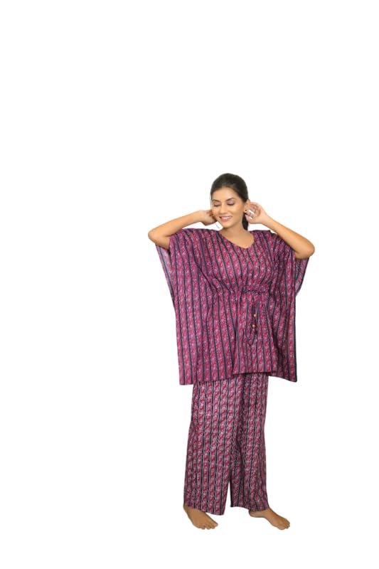 vivika Cotton Printed Kaftan Set for Women | Co-ord Kurta Pant Set with Pocket | Adjustable Drawstring Waist Loungewear | Comfortable Summer Nightwear | Stylish Ethnic Homewear-picture-0