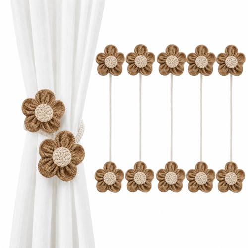 Image of Catchy Rope White & (Set of Brown Holders Holdback 2) Curtains Tieback Drapery Jute Tiebacks. Natural Decorative Window Neutral Combo Curtains Floral Curtain Beautiful (6, Complete Brown)