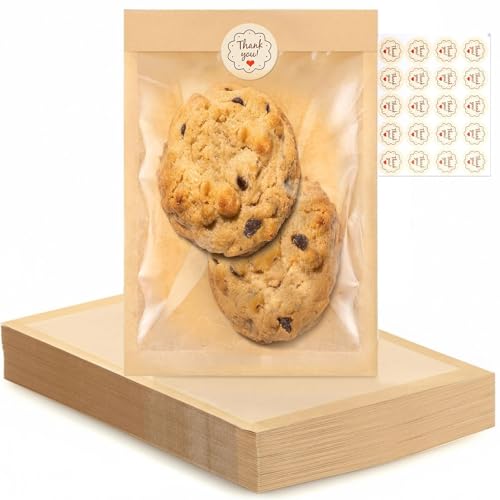 Lsnisni 100 Pack Cookie Bags with Window 5.1x7.5 Paper Oil-proof Bakery Bags Kraft Heat Sealable Cookie Packaging Bags for Gift Giving Bake Sale for Cookies Donut Slice Sandwich
