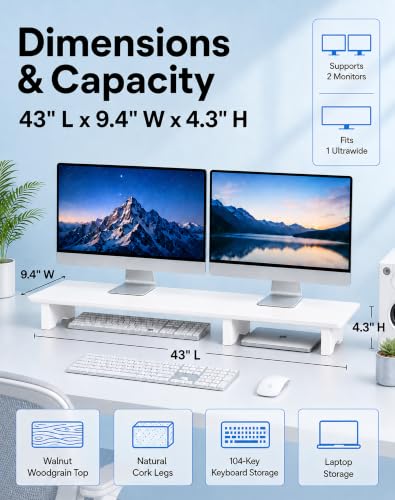 Image of Aothia 43 in White Dual Monitor Stand, Monitor Riser for Desk, Solid Wood