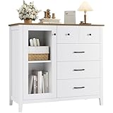 HOSTACK 5 Drawer Dresser with Glass Door, White Dresser for Bedroom, Modern Chest of Drawers with Shelves, Wood Storage Cabinet for Bedroom, Living Room, White/Rustic Brown
