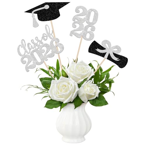 12 PCS Class of 2026 Graduation Centerpiece Sticks Grad Cap Diploma Table Flower Centerpiece 2026 Senior Graduation Floral Decorations for 2026 Graduate Theme Party Decorations Supplies Silver