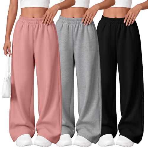LessonZoo 3 Pack Girls Wide Leg Sweatpants Kids Baggy Pants 3Color 5-6Y