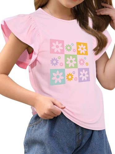 Image of Girls' Summer Shirts Flower Graphic Tees Ruffle Sleeve Crew Neck Casual Cute Tops Pink 11-12Y