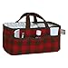 Northwoods Storage Caddy - Buffalo Check Body and Handles, Northwoods Animals Scatter Print Lining, Solid Trim, Red, Brown and Green, Two Handles, 12 in x 6 in x 8 in