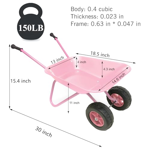 Image of Pink Wheelbarrow Set Gift for Kid Toddler Gardening Metal Wheelbarrow(pink) | Kids Gardening Tool Set Wheel Barrel Wheel Barrow All Seasons Outdoor Toy Digging Weed,Sand,Sweeping Leaves,Snow