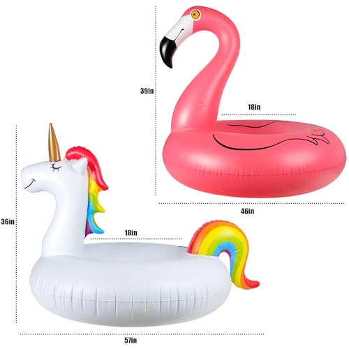 FindUWill 2 Pack Pool Floats with 2Pcs Beach Balls, 46'' Flamingo Pool Float 57'' Large Unicorn Pool Floaties for Adult, Heavy Duty Inflatable Swimming Rings Pool Accessories for Pool Water Party