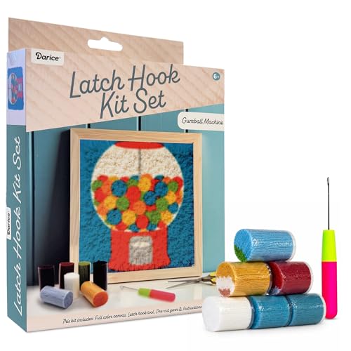Image of Darice Latch Hook Rug Kit, Gumball Machine Design DIY Latch Hook Kit for Kids & Adults, Color Canvas, PreCut Yarn & Hook Tool, Craft Activity & Gift for Kids