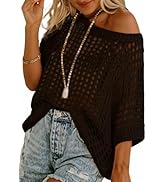 Sidefeel Women's Crochet Tops Short Sleeve Sweater 2024 Fashion Hollow Out Scoop Neck Pullover Kn...