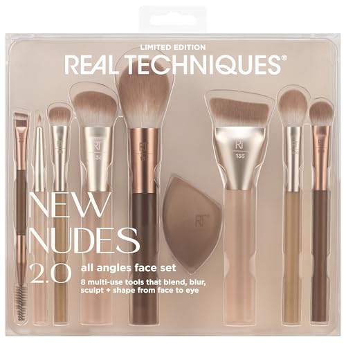 Real Techniques New Nudes 2.0 All Angles Face 10 Piece Set Face & Eye Makeup Brushes Includes Makeup Sponge For Foundation Concealer Blush & Eyeshadow Cruelty-Free