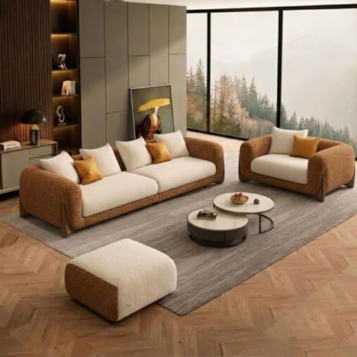Image of Upholstered 3 Seater Sofa Three Seater Sofa with Wooden Legs for Living Room Hotels & Offices (Brown Off White 3+1+Ottoman)