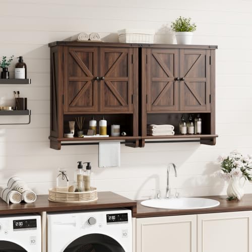Image of QUW Farmhouse Bathroom Wall Cabinet, Modern Medicine Cabinets with Towel Bar & Jewelry Holder, Over The Toilet Storage Cabinet with Barn Door for Laundry, Living Room, Hallway, Dark Walnut
