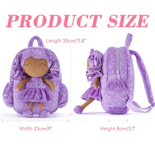 Image of Gloveleya Toddler Backpacks Baby Girl Gifts Curly Hair Plush Figures Dress Backpack - Silver Heart Accents in Deep Purple 11''
