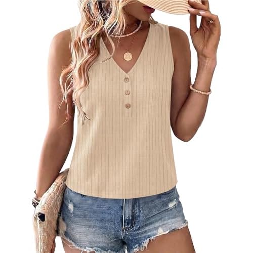 AKEWEI Womens Linen V Neck Tank Top Sleeveless Cute Summer Tops for Women 2026 Beach Vacation Outfits Apricot Stripes X-Large