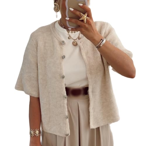 Image of Women Y2k Knitted Crop Cardigan Shirt Short Sleeve Button Down Ribbed Knit Crop Top Outwear Top Tee Shirt