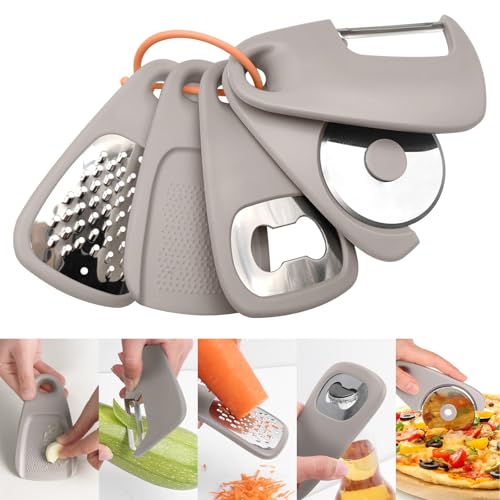 Lot de 5 gadgets de cuisine, râpe à fromage, décapsuleur, éplucheur de fruits, légumes, roulette à pizza, moulin à ail et gingembre, outils de cuisine empilables pour économiser de l'espace pour la