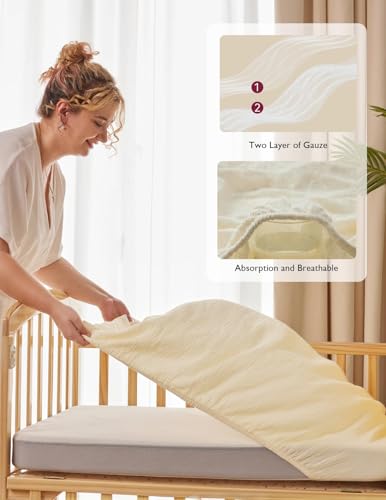 Image of Momcozy Muslin Standard Fitted Crib Sheets, 52 inchx28 inch, 2 Pack Soft Breathable Natural Cotton Baby Mattress Sheet, 360 Mattress Wrapping No Slip Boys Girls Neutral Toddler Bed Sheet, Beige Blush