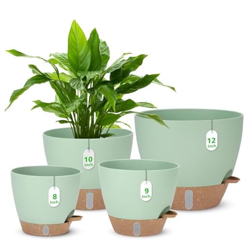 12" 10" 9" 8" Self Watering Pots with Water Level Indicator, Large Plastic Planters Set with Mesh Drainage Hole and Removable Saucer Reservoir, Big Flower Pot for Indoor Outdoor Plants - Green