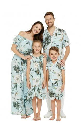 Image of Wispy Cereus Light Blue Family Matching Hawaiian Clothes | Family Matching Outfits • Soft Rayon Fabric • Tropical Floral Print • Vacation Ready • Luau Party Wear