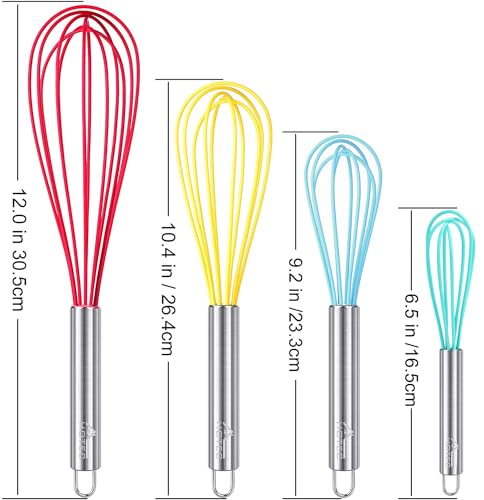 Image of HOTEC 4 Pieces Silicone Whisks Set, Wire Balloon Whisks for cooking Egg Beater, Non-slip Handle Whisk for Non-stick Cookware Perfect for Cooking, Stirring, Beating and Blending (Multicolor)