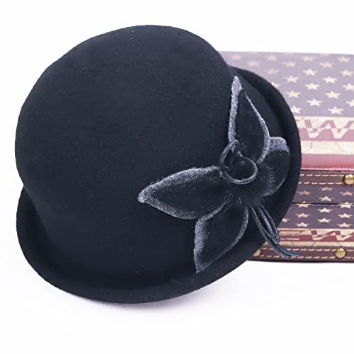 Forbusite Women Winter Hat - Vintage Wool Cloche Bucket Hat 1950S 20S Black #TOP4