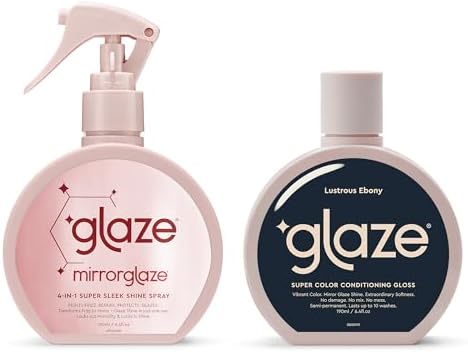 Glaze Hair Shine Bundle – Super Gloss Lustrous Ebony Color Conditioning Gloss & Mirror Glaze 4-in-1 Super Sleek Shine Spray – For Dark Brown & Black Hair