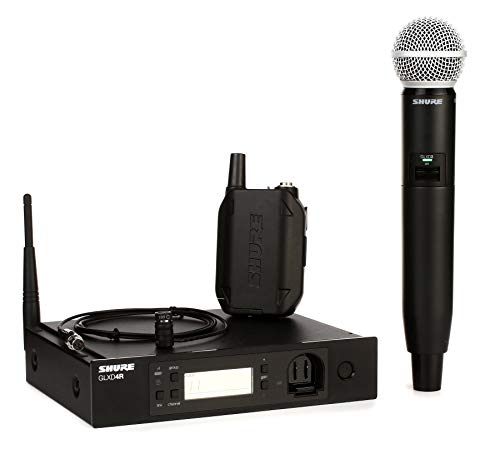 Shure GLXD124R/85 Rechargeable Digital Wireless Combo System with GLXD4R Rack Mount Receiver, GLXD2 Transmitter with SM58 Handheld Vocal Microphone, GLXD1 Bodypack Transmitter and WL185 Lavalier Mic
