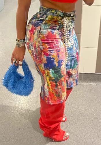 NRTHYE Women Colorful Tie Dye Bermuda Denim Shorts Baggy High Waist Straight Leg Multicolor Graffiti Jean Shorts4