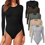 CE' CERDR 5 Pack Long Sleeve Bodysuit for Women Round Neck Casual Stretchy Basic Shirts Crew Neck Body Suits Tops