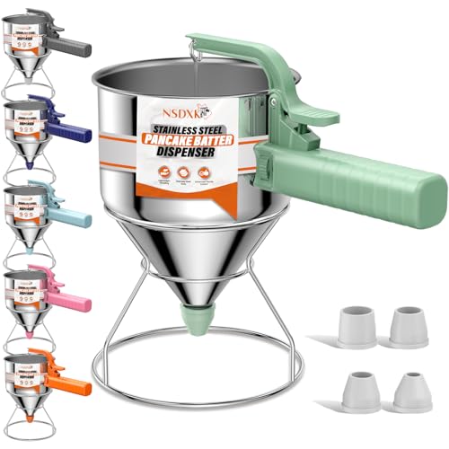 NSDXK 40oz Pancake Batter Dispenser, Stainless Steel Cake Dispenser with Stand, Great for Pancakes, Cupcake, Waffle or Any Baked Goods, Durable, Leak-Free, Mint Green