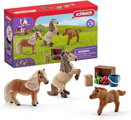 schleich Horse Club - 8 PC Miniature Shetland Pony Family Playset - Mare, Stallion, and Baby Horse Figurines and Accessories - Collectible Realistic Equestrian Toys for Girls and Boys Ages 5+, 41432