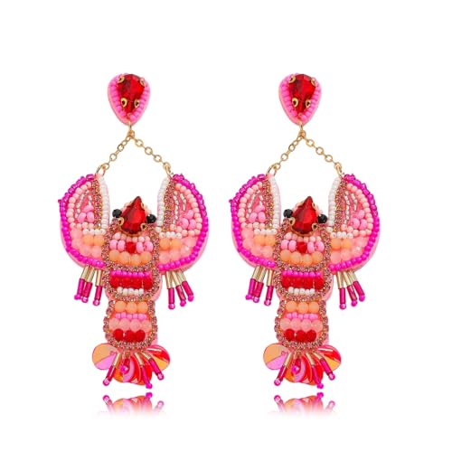 LITRENDY Handmade Pink Beaded Lobster Earrings for Women, Bohemian Crawfish Hook Dangle Earrings for Carnival Party Summer Vacation Jewelry Festival Accessories