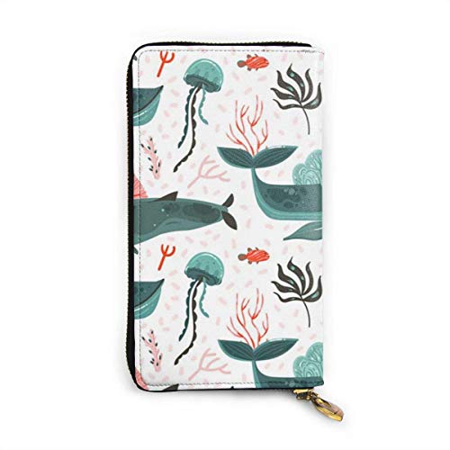 Preisvergleich Produktbild JHGFG Quallenhaie und andere Meereslebewesen Echtes Leder Geldbörse Lange Damen Geldbörse Handtasche Multi Kartenhalter Organizer Für Frauen Angepasst