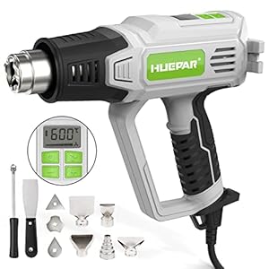 Huepar Tools Heat Gun 10 Accessories Hot Air Gun with LCD Digital Display, 122℉-1112℉(50℃-600℃) Temperature & Air Flow…