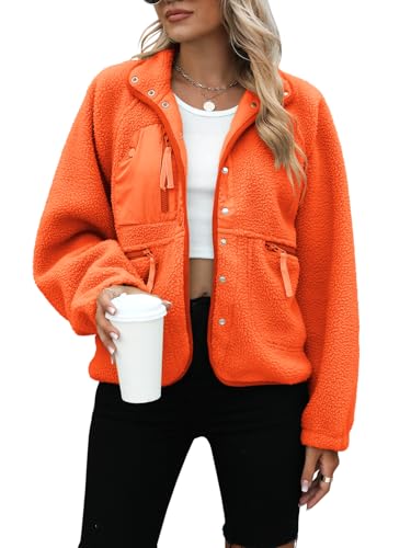 Yanekop Womens Fleece Jacket Fuzzy Long Sleeve Short Coats Button Down Sherpa Outerwear with Pockets(A Neon Orange,S)
