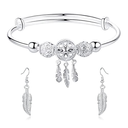 Pulsera de plata con dije de plumas de borla y atrapasueños, ajustable para mujer, aretes de plumas con flecos, regalo de joyería de moda para mujeres y niñas, Plata Cover