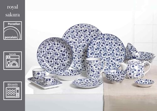Ritzenhoff & Breker Speiseteller Royal Sakura, Ø 26.5 cm, Runder Essteller aus Porzellan, Orientalisches Dekor, Spülmaschinenfest & Mikrowellengeeignet, Blau-Weiß