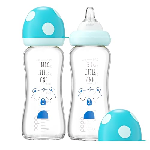 Image of YOHKOH Natural Glass Baby Bottle with Natural Response Nipple, Newborn Anti-Colic Baby Bottles, Wide Neck Mushroom Cap Baby Bottle, Clear (8.8ounce (Pack of 2), Blue1)