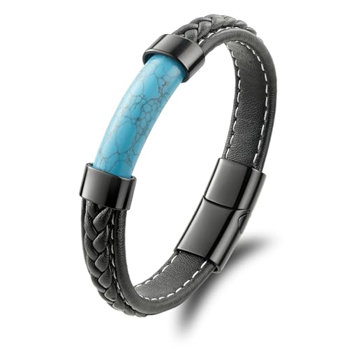 Mrcaois Mens Leather Bracelet with Turquoise Braided Genuine Leather Wristband with Stainless Steel Secure Clasp Ethnic Boho Style Turquoise Stone Jewelry for Him-8.3in