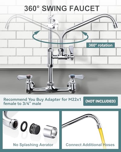 Image of 25 inch Height Commercial Faucet Wall Mount with Sprayer 8 inch Adjustable Center 9.6 inch Swing Spout, Kitchen Sink Faucet with Pull Down Pre-Rinse Sprayer for Restaurant Industrial Kitchen, Chrome