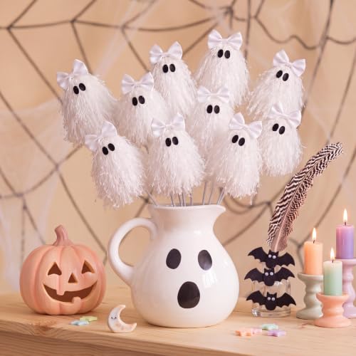 Suncalla 12 Pcs Halloween White Ghosts Stems 12 Inch Cute Glitter Ghost Picks with Tassel Gothic Spooky Tree Picks for Halloween Table Centerpieces Decorations Vase Floral Arrangements