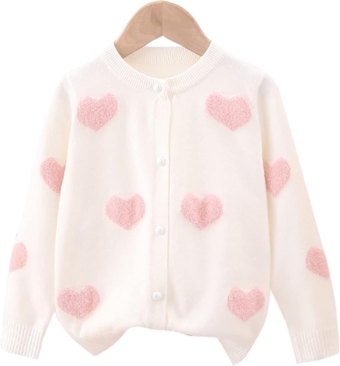 ASHER FASHION Girls Knit Cardigan Heart Sweater Long Sleeve Button Down Love Coat for 2-8 Years Kids Tops White