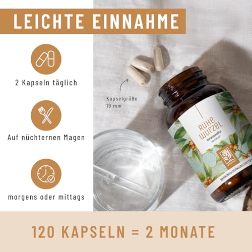 NATURTREU Ruhewurzel - Ashwagandha KSM-66® hochdosiert 120x Kapseln - 600 mg Ashwagandha pro Tag - Komplex aus Ashwagandha-Wurzelextrakt & Ashwagandhawurzelpulver - Vegan