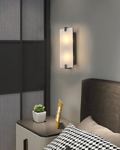 Image of 15.7 inch Natural Square Alabaster Marble Modern Concise 2 Light Wall Sconce Fixture,Black Finish for Bathroom Bedroom Hallway Bedside Staircase Vanity Mirror