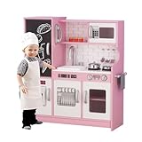 Bopeep Play Kitchen, Wooden Pretend Play Kitchen, Sink, Faucet, Stove, Microwave, Oven, Utensils, Ice Maker, Dishwasher, Towel Rack & Accessories, Kids Kitchen Playset for Boys Girls Aged 3+, Pink