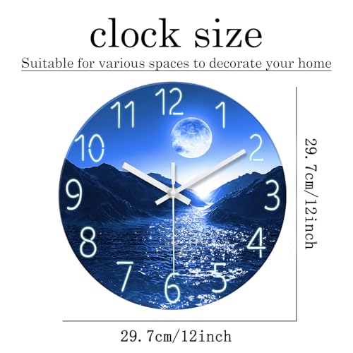 Image of XFM Blue Moon Wall Clock Battery Operated 12 Inch | Silent Non-Ticking Modern Glass Nature Analog Decorative for Kitchen Bedroom Home Office
