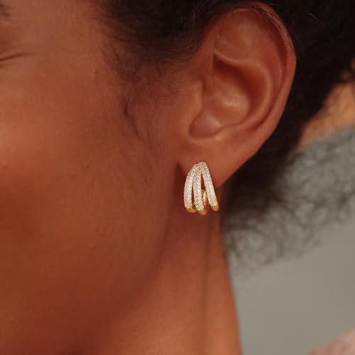 FETTERO Split Hoop Earrings 14K Gold Plated Chunky Hoop Earrings for Women Dainty Hypoallergenic Half Hoop Earring Jewelry Triple Hoop Earrings