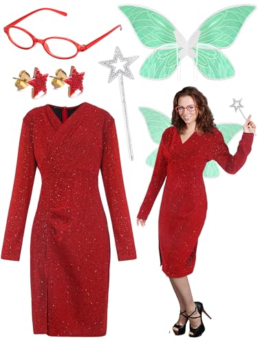 Blosssound Godmother Costume Set Halloween Godmother Cosplay Costume Women Sexy Sequin Dress and Fairy Clothing Accessories(Classic)