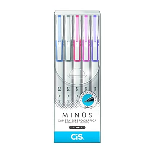 CIS Caneta Esferográfica Minus 0.4 mm, Estojo com 5 unidades (Azul, Preta, Vermelha, Rosa e Lilás), Multicor